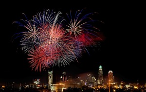 Fourth of July Fireworks burst over Charlotte, North Carolina's, Center City.